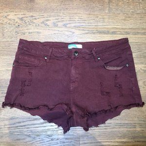 Burgundy Distressed Denim Shorts